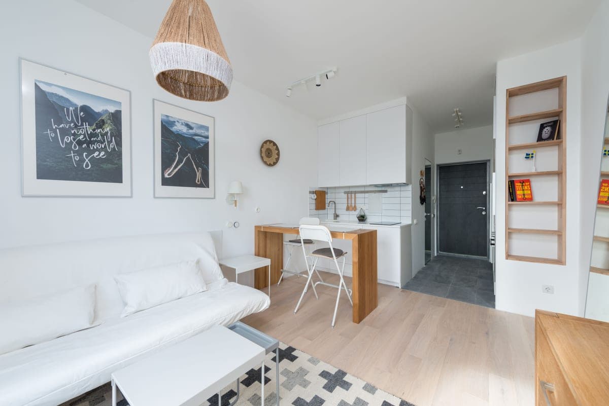A compact living area in a small apartment with furniture arranged along one wall